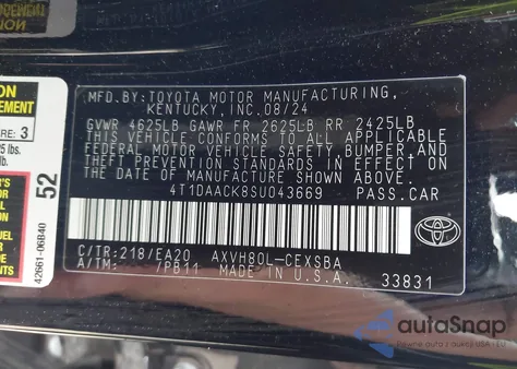 2025 Toyota Camry Se from USA, damaged, VIN 4T1DAACK8SU043669
